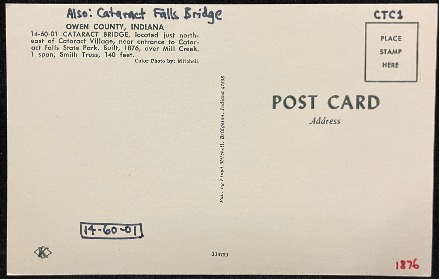 Cataract Bridge in Owen County, Indiana - Cataract Falls Bridge - Photo: Mitchell - Vintage Covered Bridge Postcard