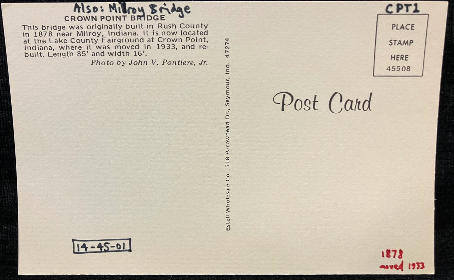 Crown Point Bridge at Crown Point, Indiana - Photo: John V. Pontiere Jr. - Vintage Covered Bridge Postcard