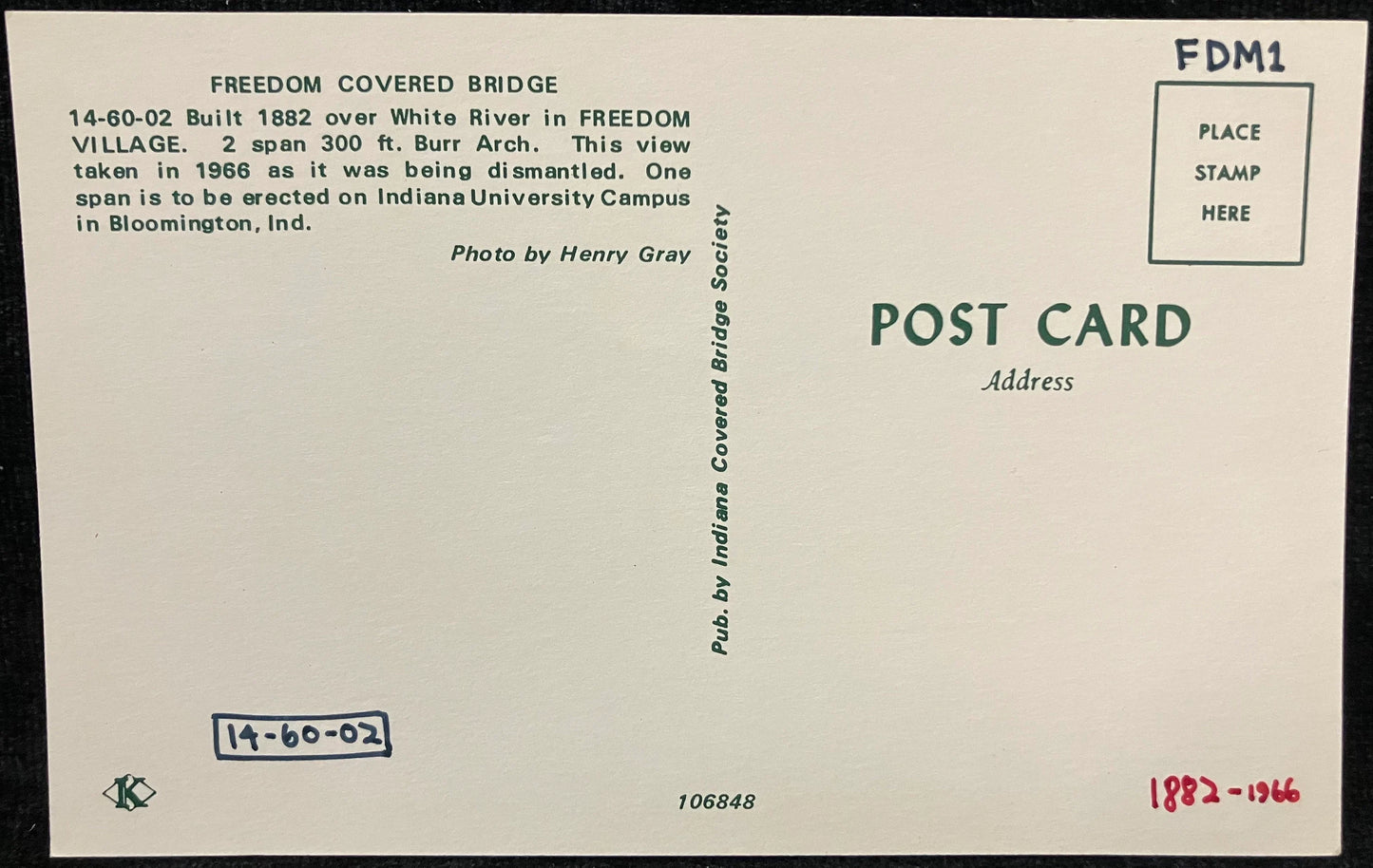 Freedom Covered Bridge in Freedom Village, Indiana - Photo: Henry Gray - Vintage 1960s Covered Bridge Postcard