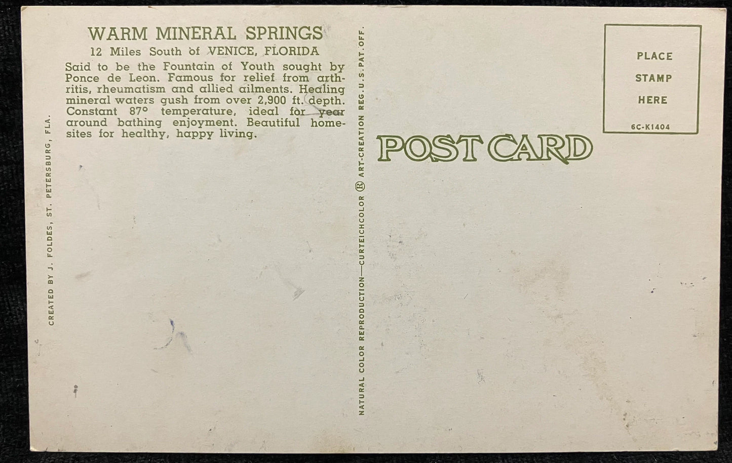 Florida’s Famed Health Spa Warm Mineral Springs “The Real Fountain of Youth” Venice, Florida - Vintage Springs Postcard