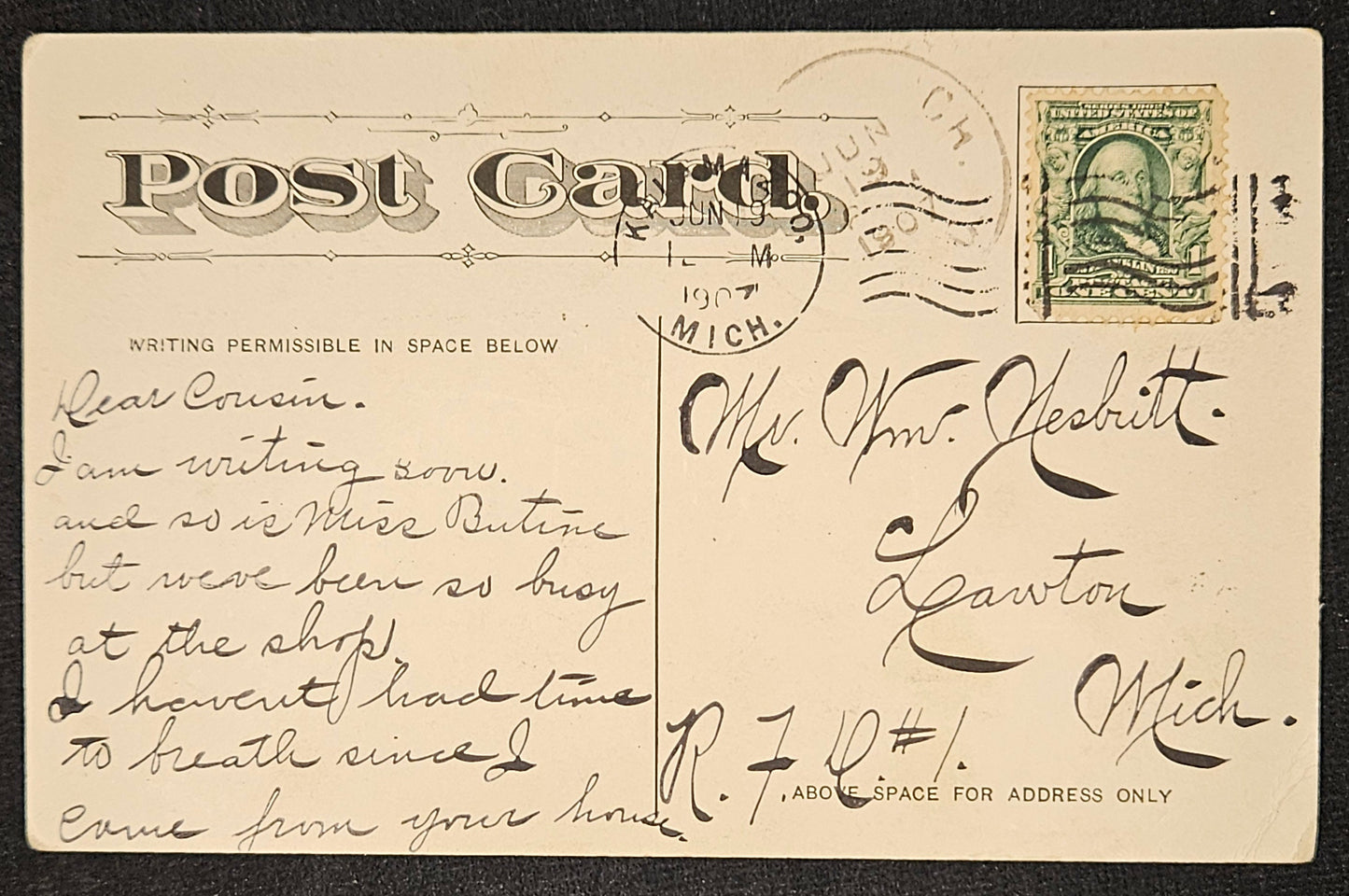 Drawing of Lawton/Kalamazoo, Michigan - Vintage 1907 Hand-Drawn Postcard with sender Art Additions