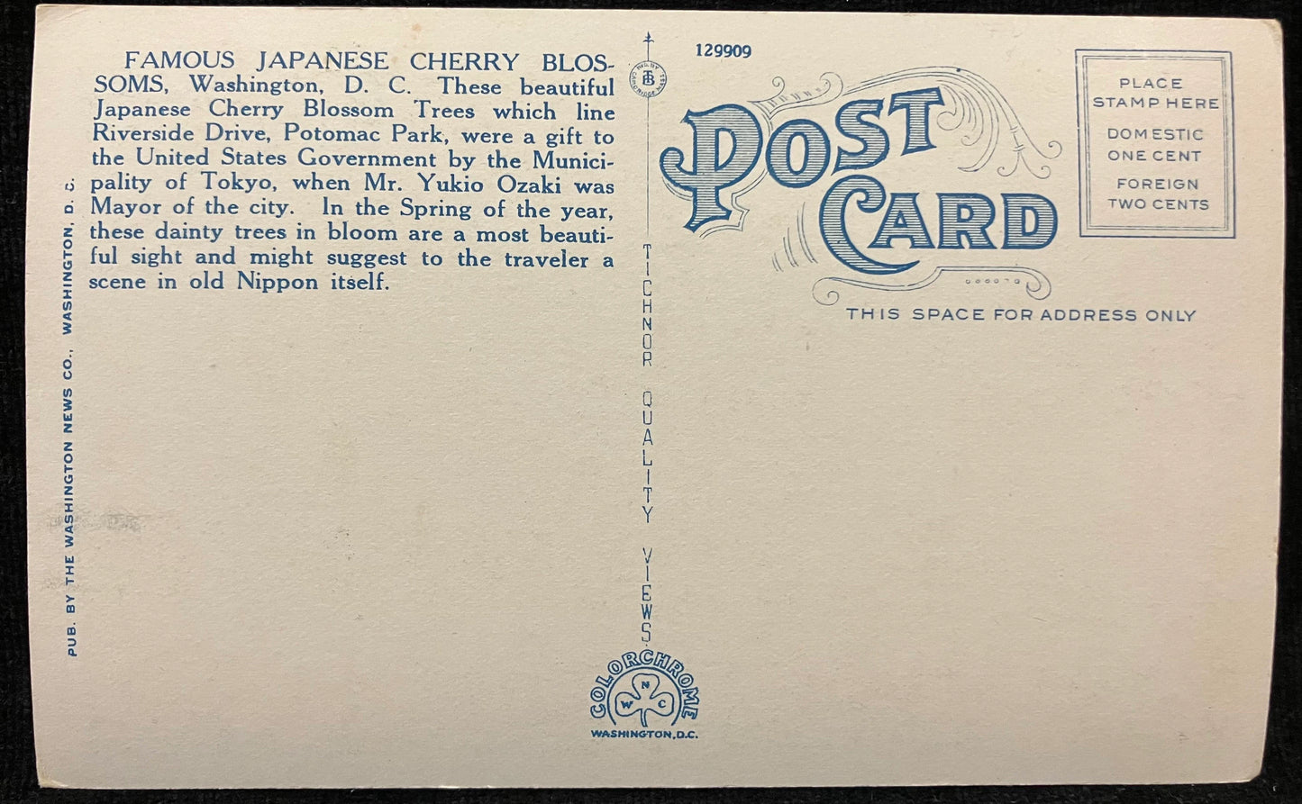 Monument and Cherry Blossoms, at Night, Washington, D. C., Maryland - Vintage Postcard