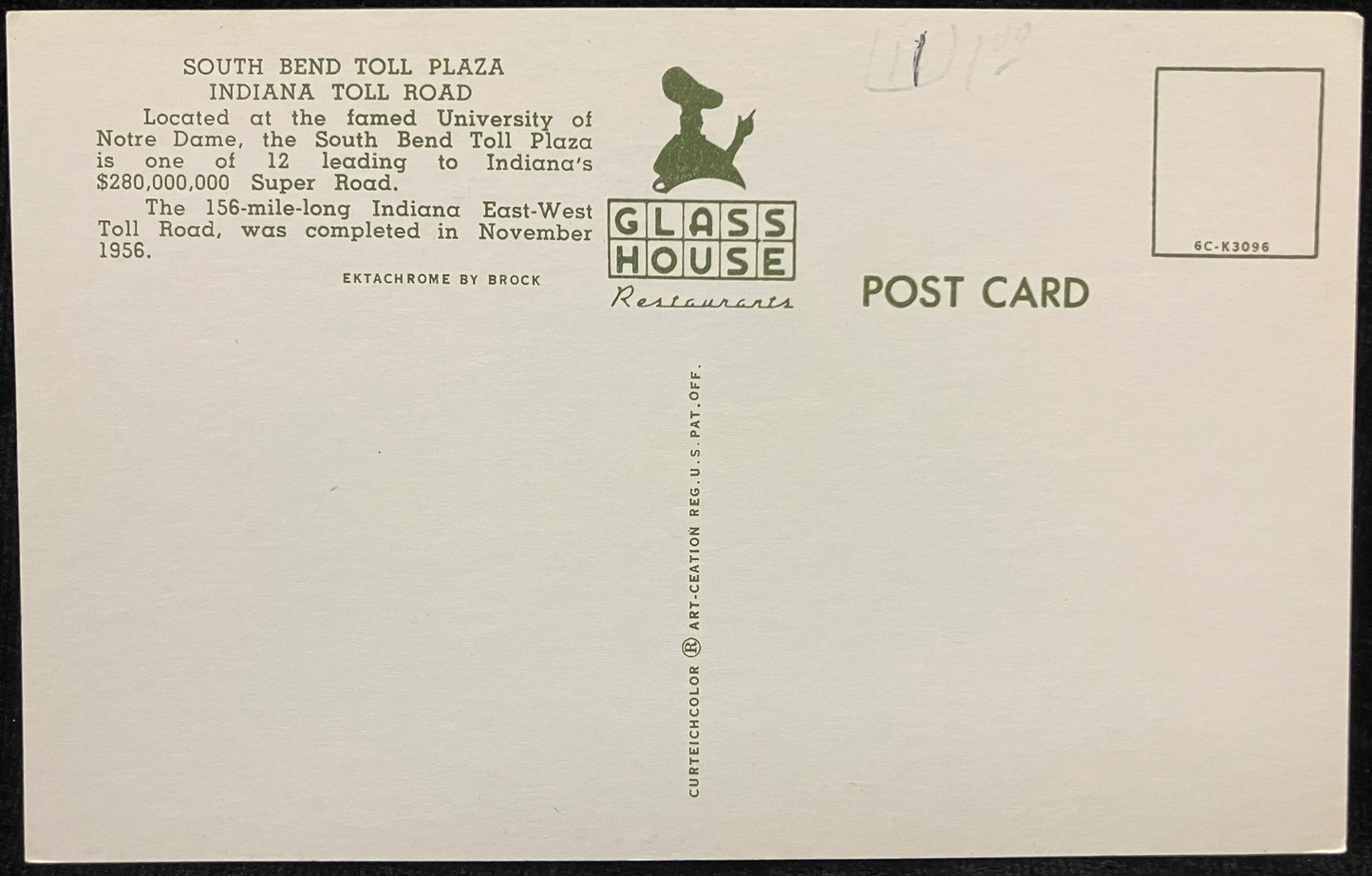 South Bend Toll Plaza Indiana Toll Road  - Ektachrome: Brock - Notre Dame University - Indiana - Vintage Road Postcard