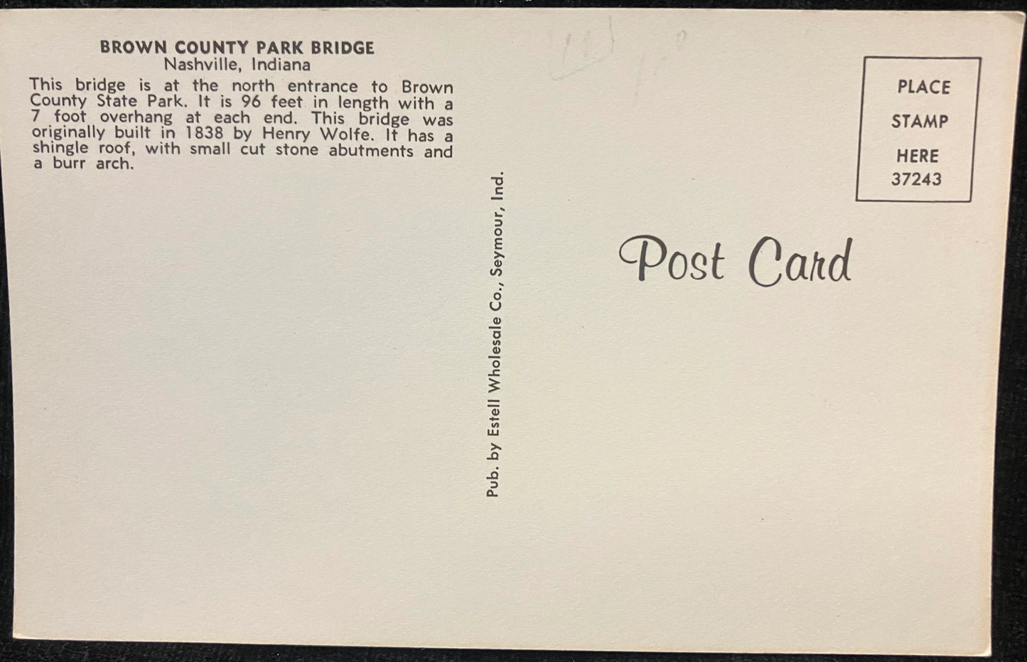 Brown County Park Bridge in Nashville, Indiana - Vintage Covered Bridge Postcard