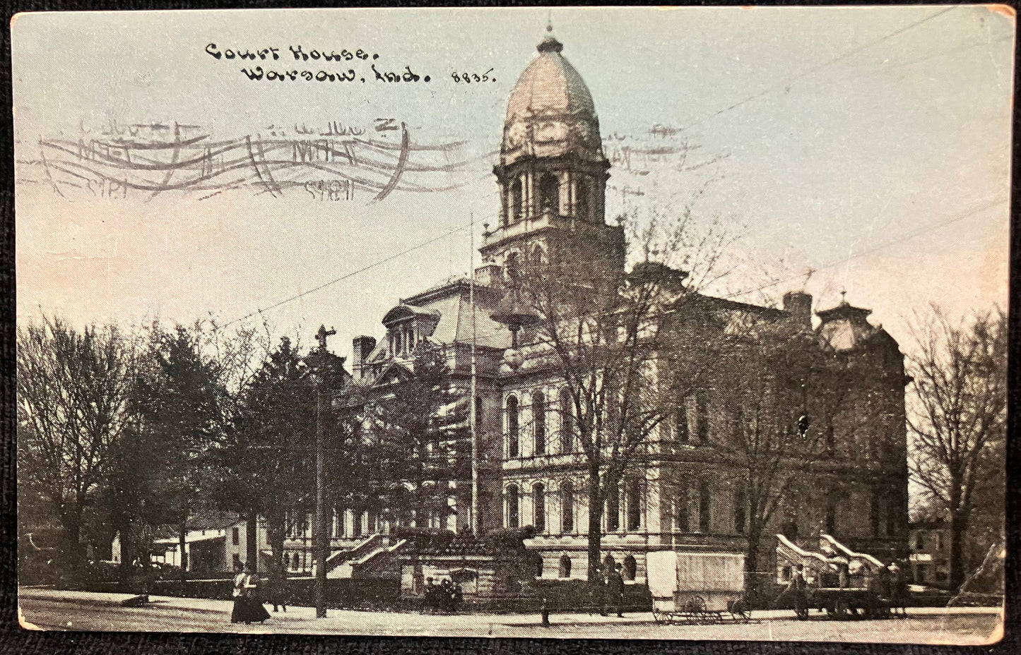 Court House - Warsaw, Ind. - 1912 Judicial Postcard - Horse and Buggy Parked in Front of Court house