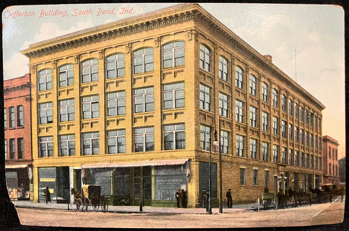 Jefferson Building, South Bend, Ind. - Made in Germany - Vintage Postcard - 1890s photograph - Horse and Buggy Era