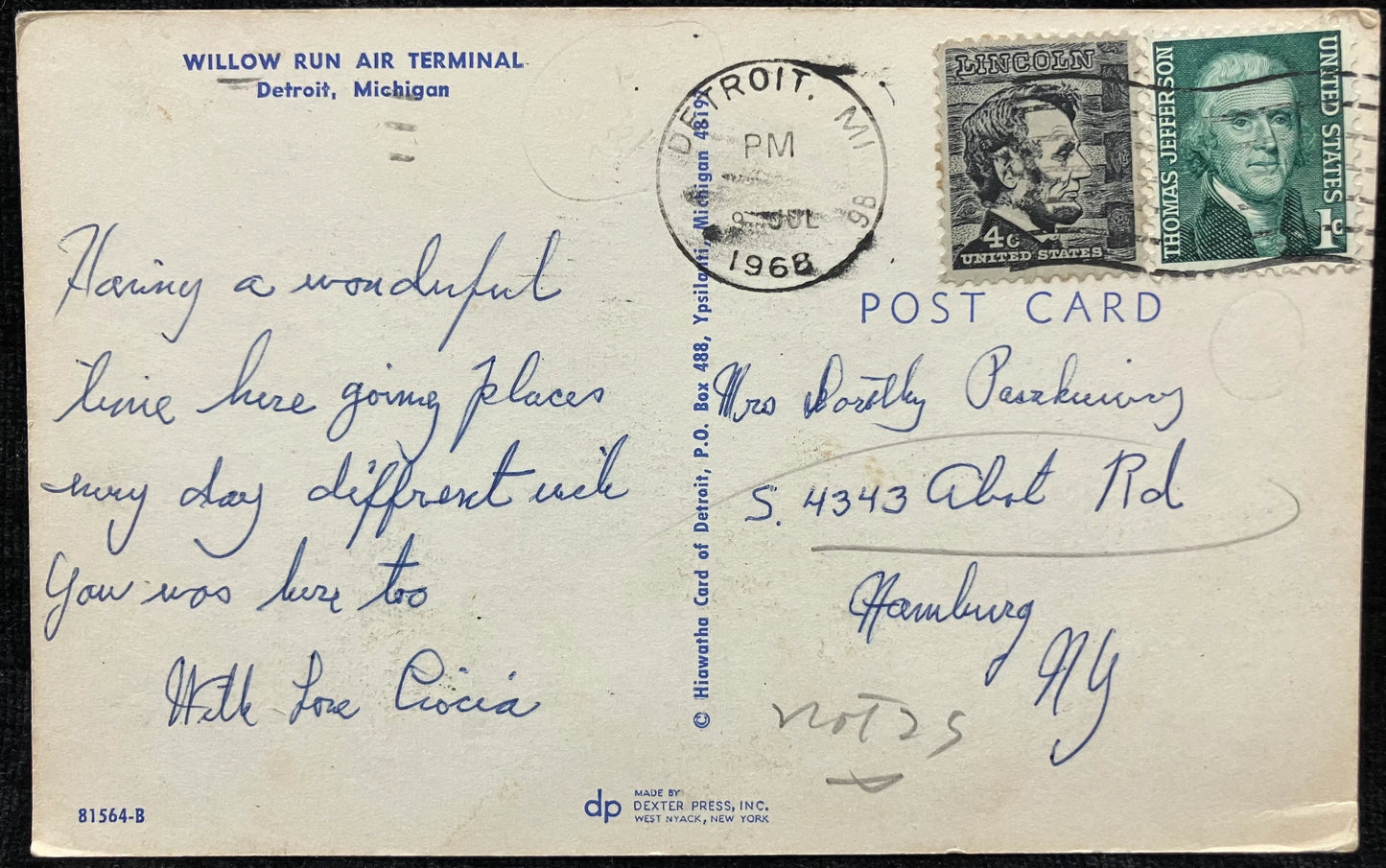Willow Run Air Terminal in Detroit, Michigan - Vintage Airport Postcard