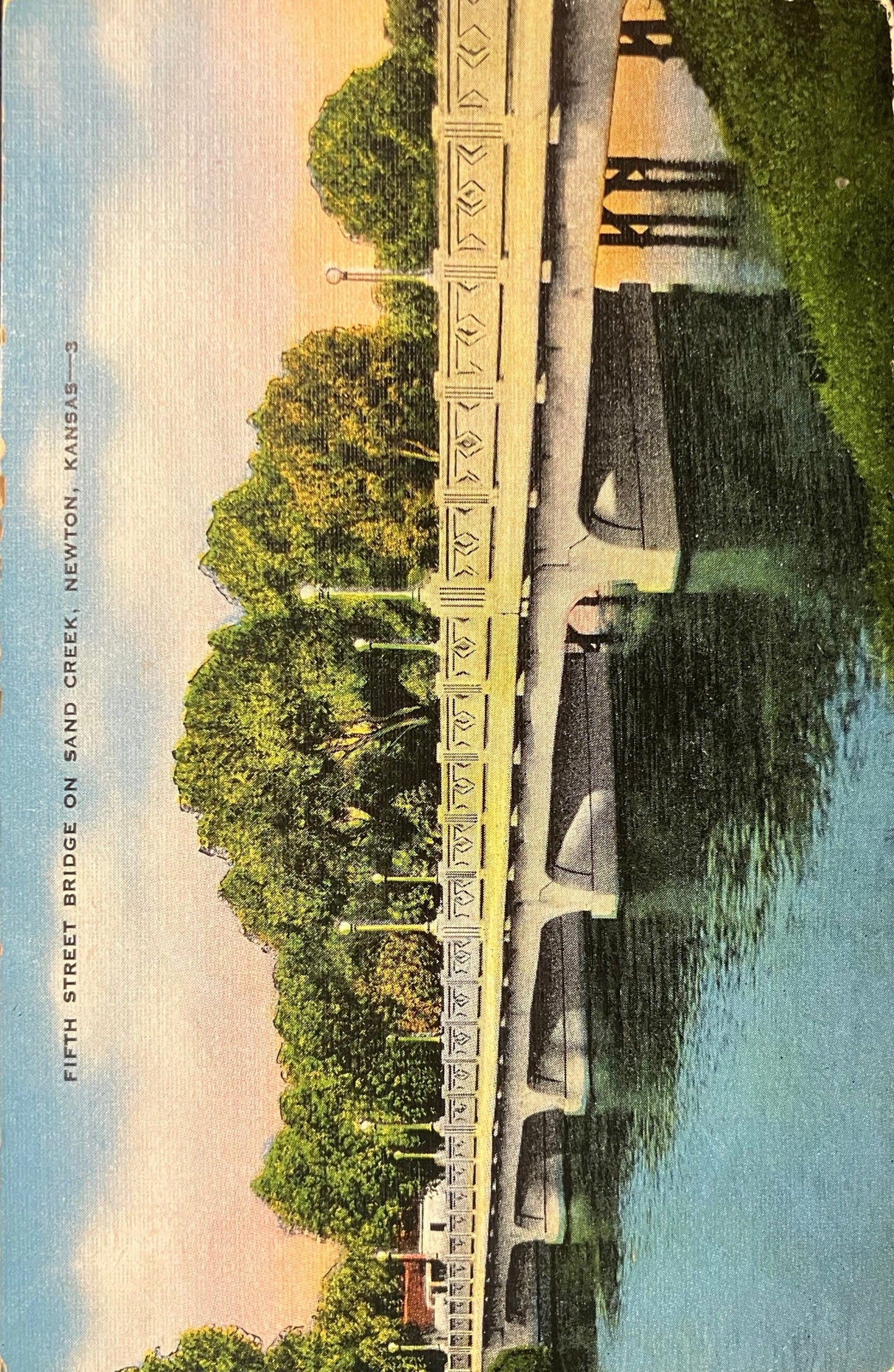 Fifth Street Bridge on Sand Creek, Newton, Kansas - Vintage Bridge Postcard Lovely Railing on Bridge with Lighting