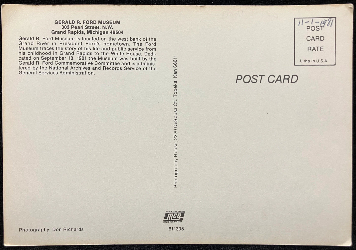 Gerald R. Ford Musuem - Grand Rapids, Michigan - Photography: Don Richards - Vintage Postcard