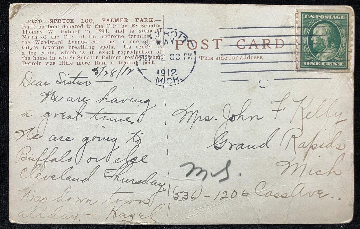 Spruce Log, Palmer Park, Detroit, Michigan - Vintage Park Postcard