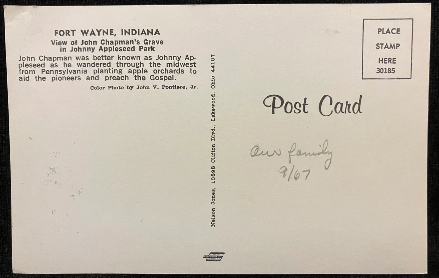 View of John Chapman’s Grave in Johnny Appleseed Park - Fort Wayne, Indiana - Photo: John V. Pontiere Jr. - Vintage Park Postcard