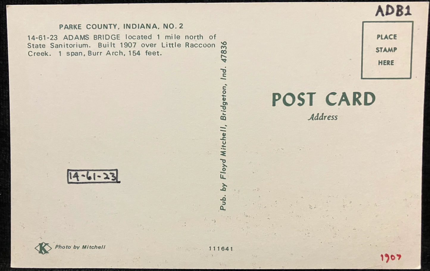 Adams Bridge in Parke County, Indiana - Photo: Mitchell - Vintage Covered Bridge Postcard