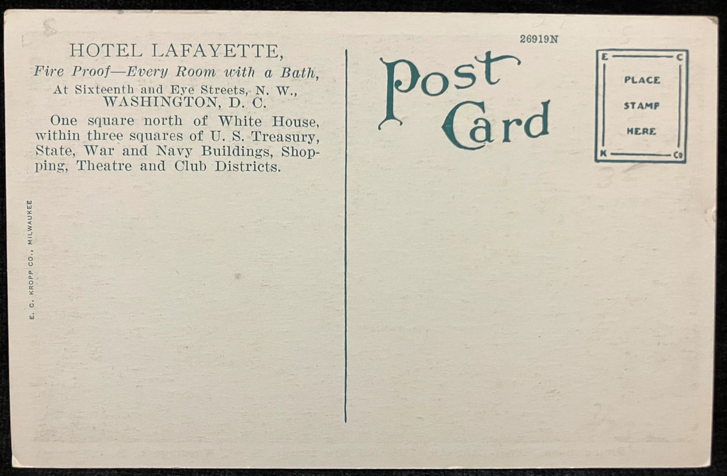 Dining Room, Hotel Lafayette, 16th and Eye Streets, N. W., Washington, DC - Vintage Hotel Postcard