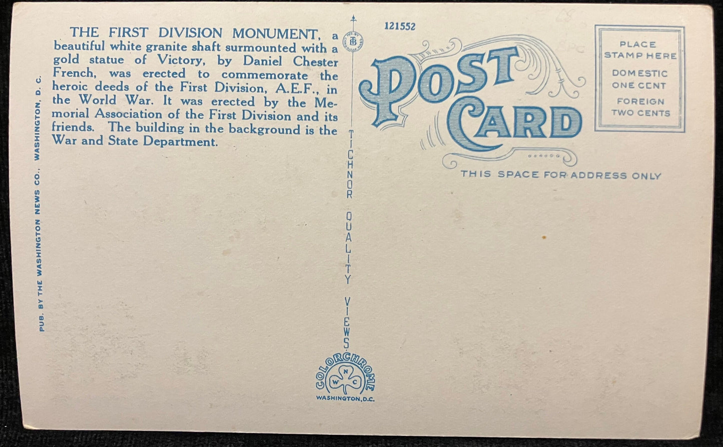 1st Division Memorial East Side of War, State and Navy Buildings, Washington D. C. - Vintage WWI Postcard