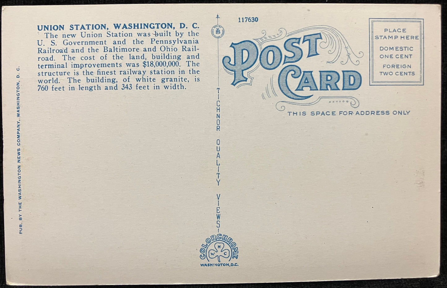 New Union Station, Washington, D. C. - Copright: CO Buckingham - Vintage 1915 Postcard