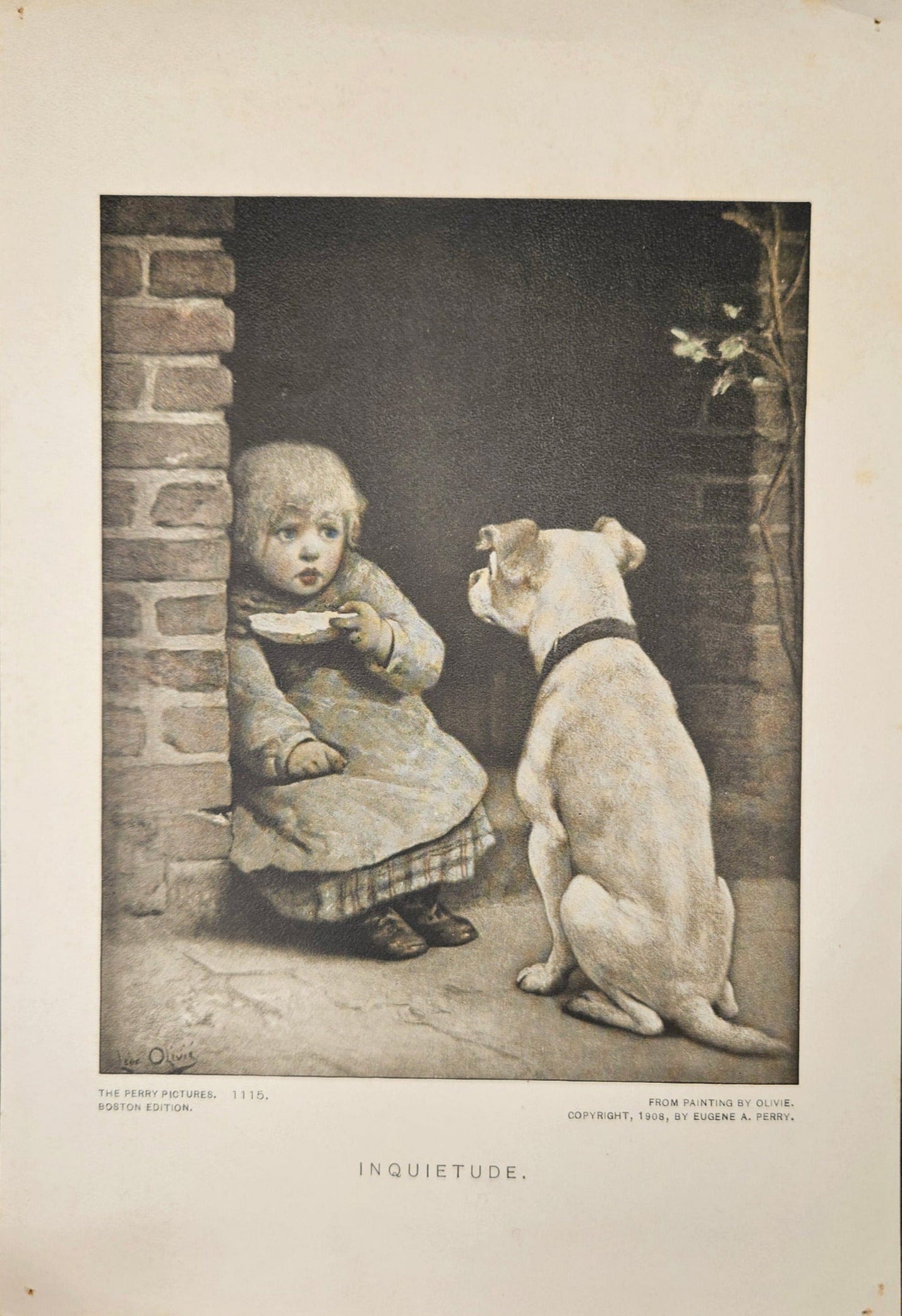 Print "Inquietude" by Olivie - Dog Watches Girl Eat -Copyright 1908, by Eugene A. Perry - The Perry Pictures Boston Edition - 8" x 5.5"