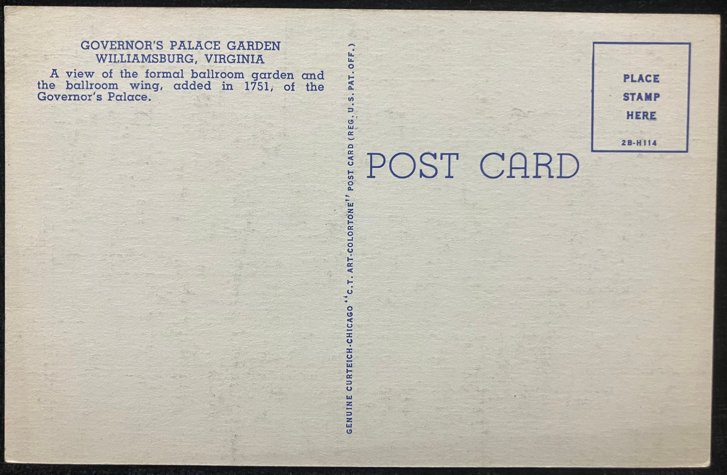Governor’s Palace Garden - Williamsburg, Virginia - Vintage Postcard