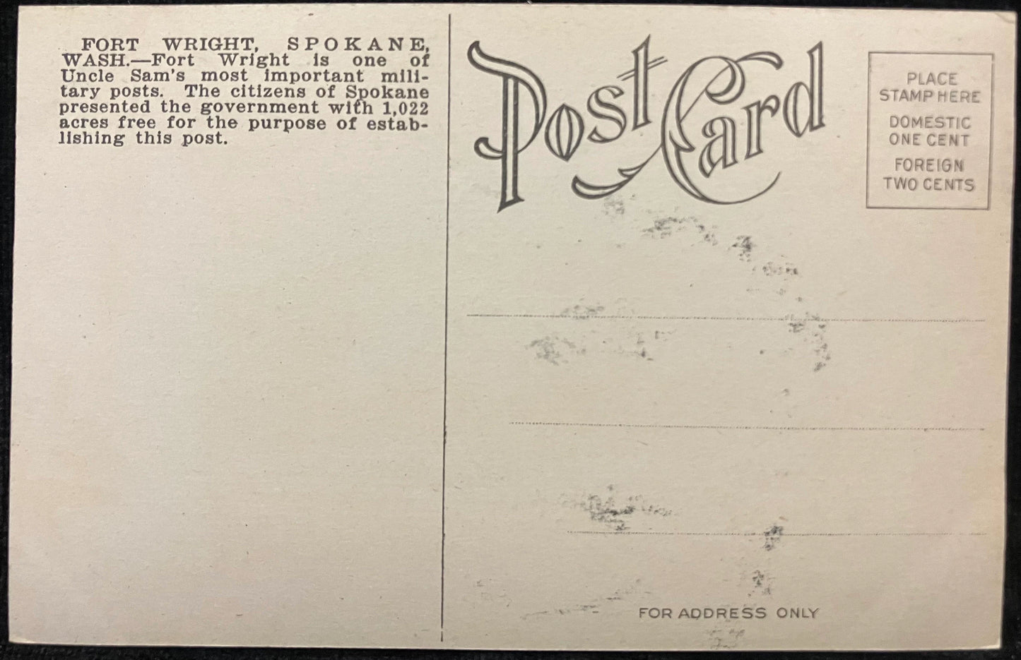 Fort Wright, Spokane, Washington - Vintage Army Postcard