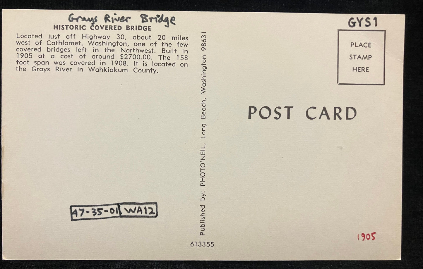 Historic Covered Bridge over Grays River in Wahkiaku County, Washington - Grays River Bridge - Vintage Postcard