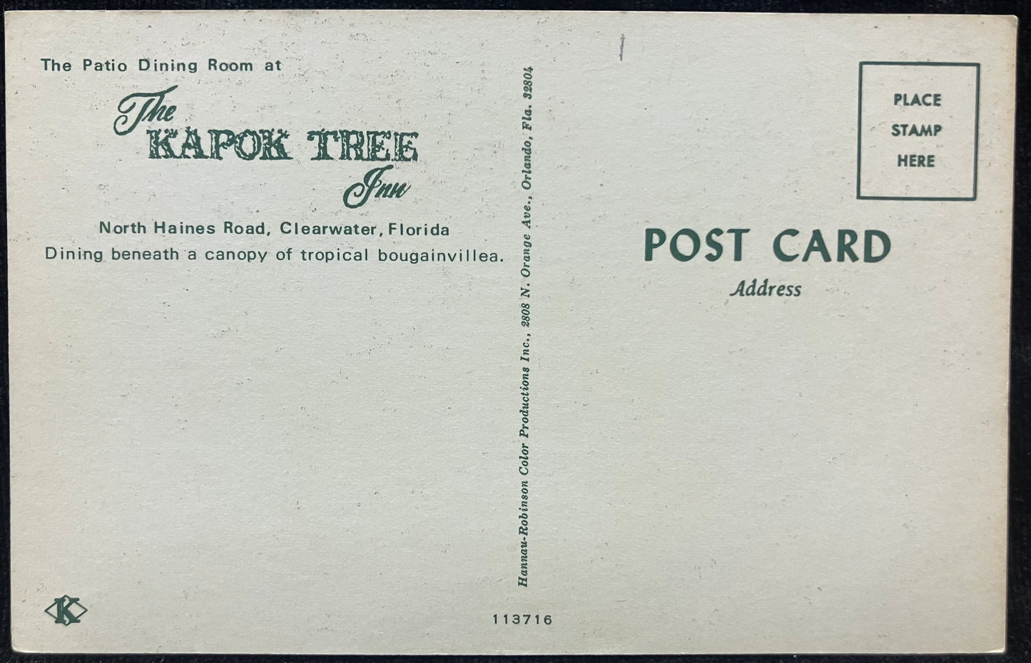 The Patio Dining Room at The Kapok Tree Inn, North Haines Road - Clearwater, Florida - Vintage Bridge Postcard