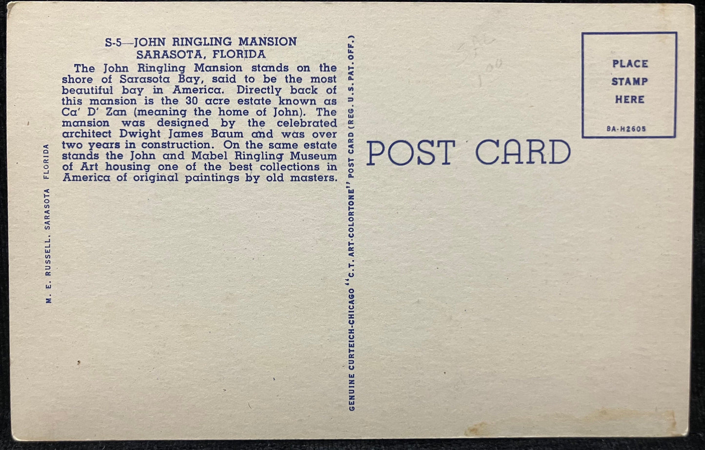 John Ringling Mansion, Between Bradenton and Sarasota, Florida - Linen Postcard