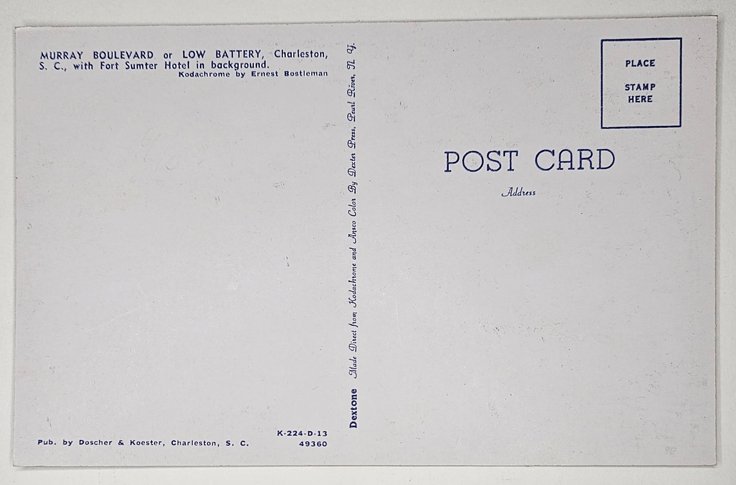 Murray Boulevard Or Low Battery, Fort Sumter Hotel, Charleston, South Carolina - Vintage Postcard