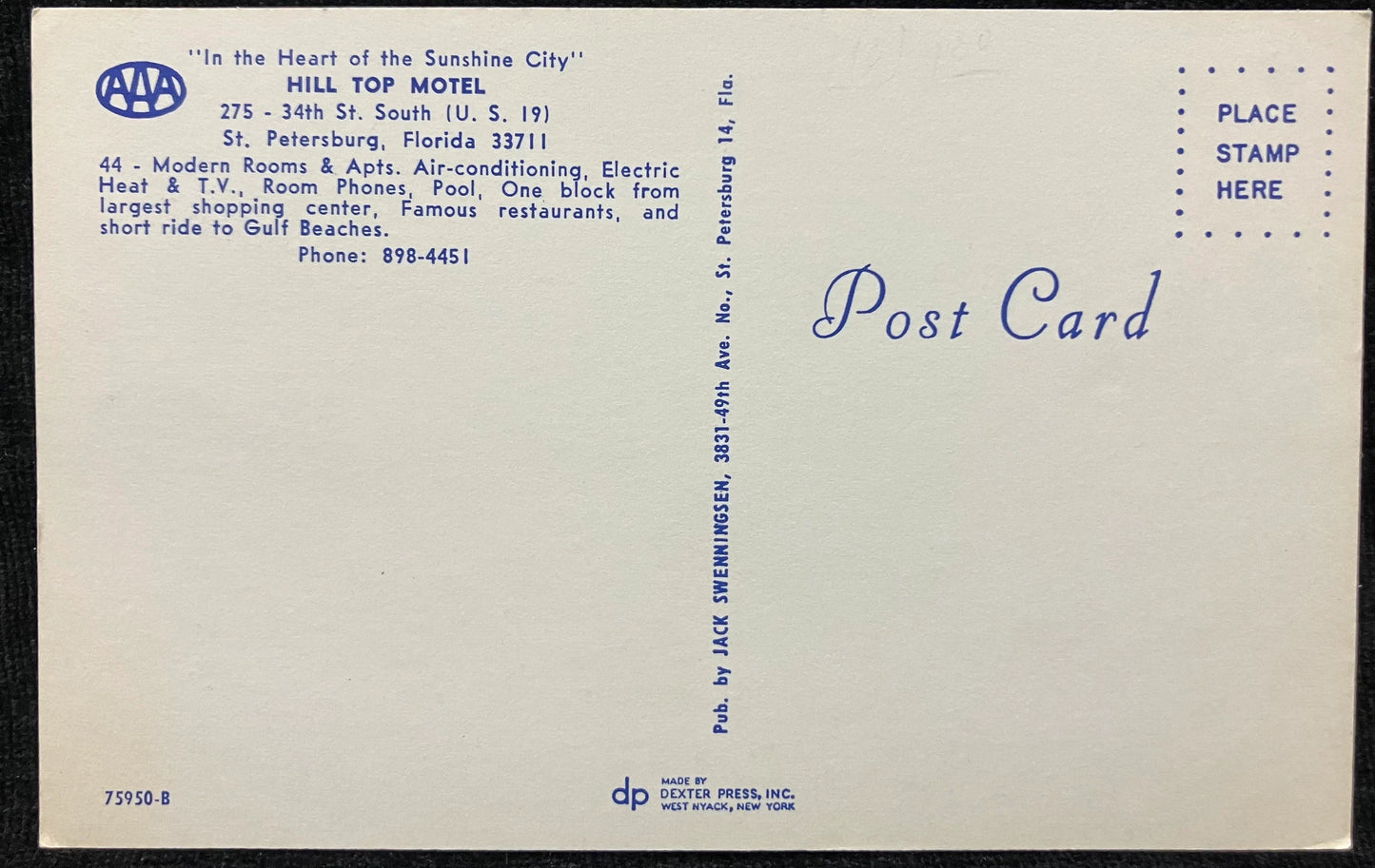 Hill Top Motel - Near Famous Sunshine Skyway - St. Petersburg, Florida - Vintage Postcard