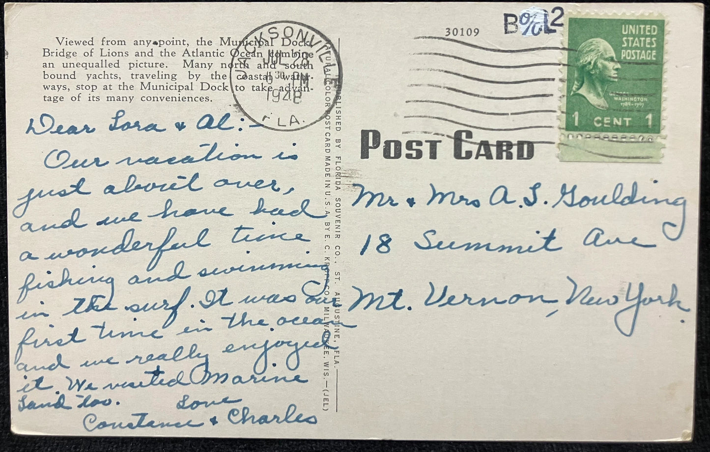 Municipal Dock, Bridge of Lions and the Atlantic Ocean, St. Augustine, Florida - Vintage Bridge Postcard