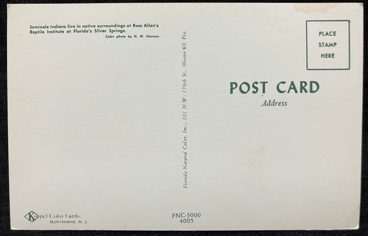 Seminole Indians at Ross Allen’s Reptile Institute - Silver Springs, Florida - Photo: H. W. Hannau - Vintage Postcard