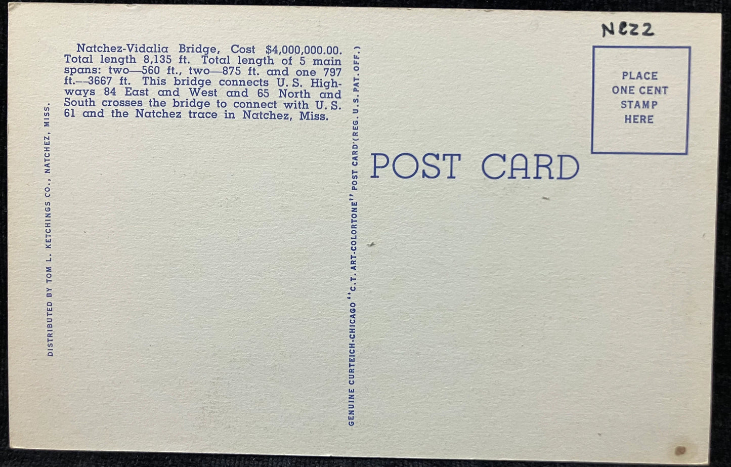 Natchez-Vidalia Bridge, Natchez, Mississippi - Vintage Bridge Postcard