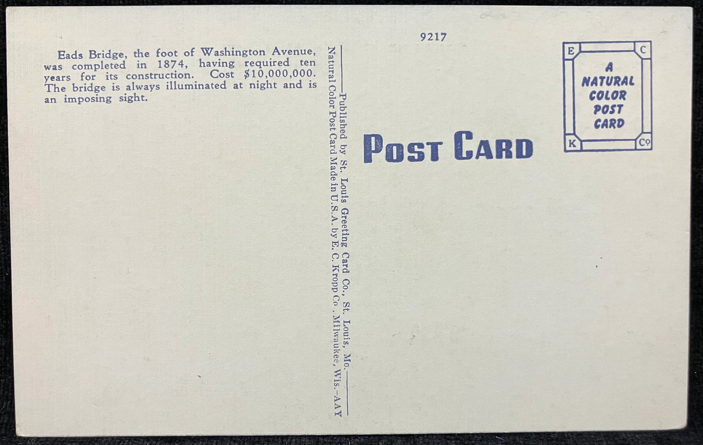 Eads Bridge, St. Louis, Missouri - Vintage Bridge Postcard