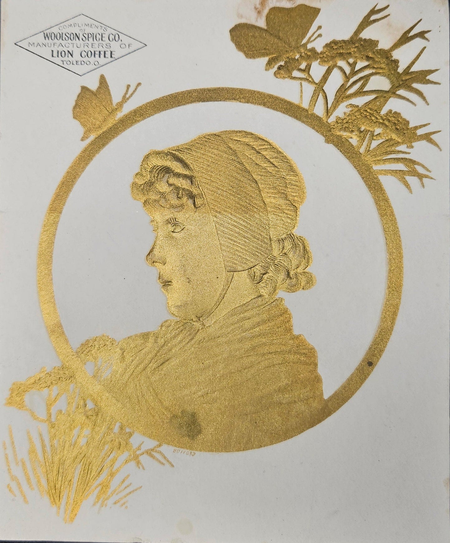 Woolson Spice Lion Coffee - Toledo Ohio - Gold Embossed Side Profile of Young Girl - Late1800s Coffee Trade or Advertising Card
