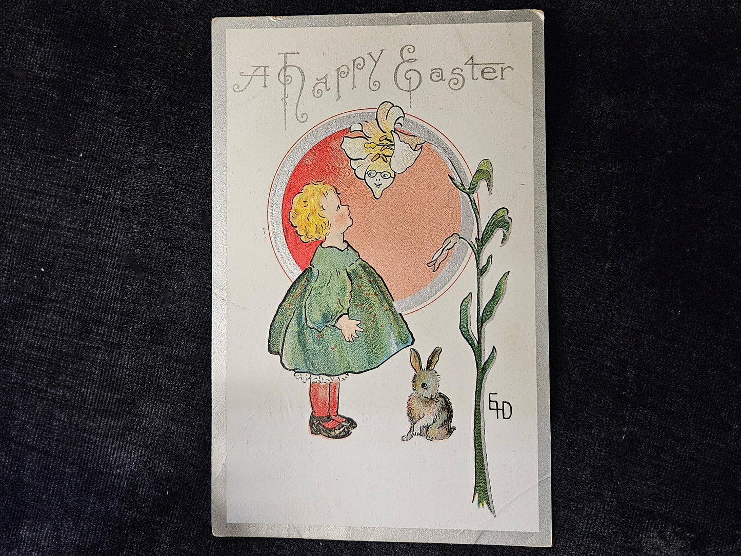 Ethel Dewees "Happy Easter" Postcard -SilverTrim Postcard Little Girl In Green Dress And White Flower - Art Nouveau Artist, Art Nouveau card