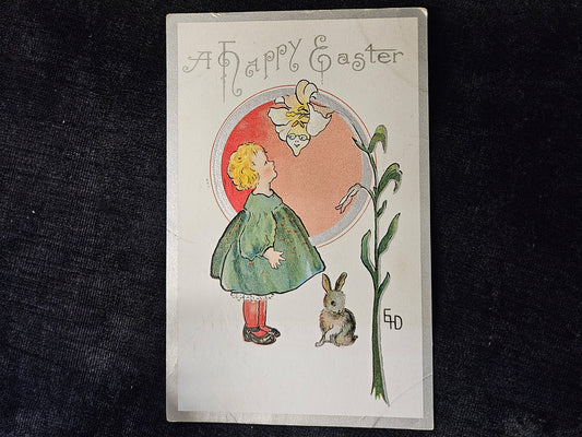 Ethel Dewees "Happy Easter" Postcard -SilverTrim Postcard Little Girl In Green Dress And White Flower - Art Nouveau Artist, Art Nouveau card