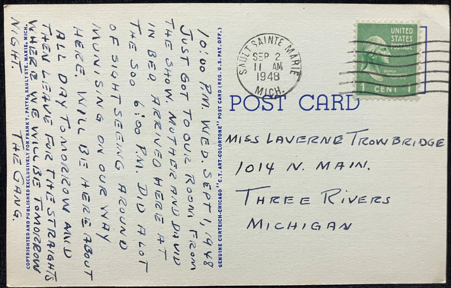 Freighter, Light, Upbound, Leaving the MacArthur Lock, Sault Ste. Marie, Michigan - Vintage Postcard