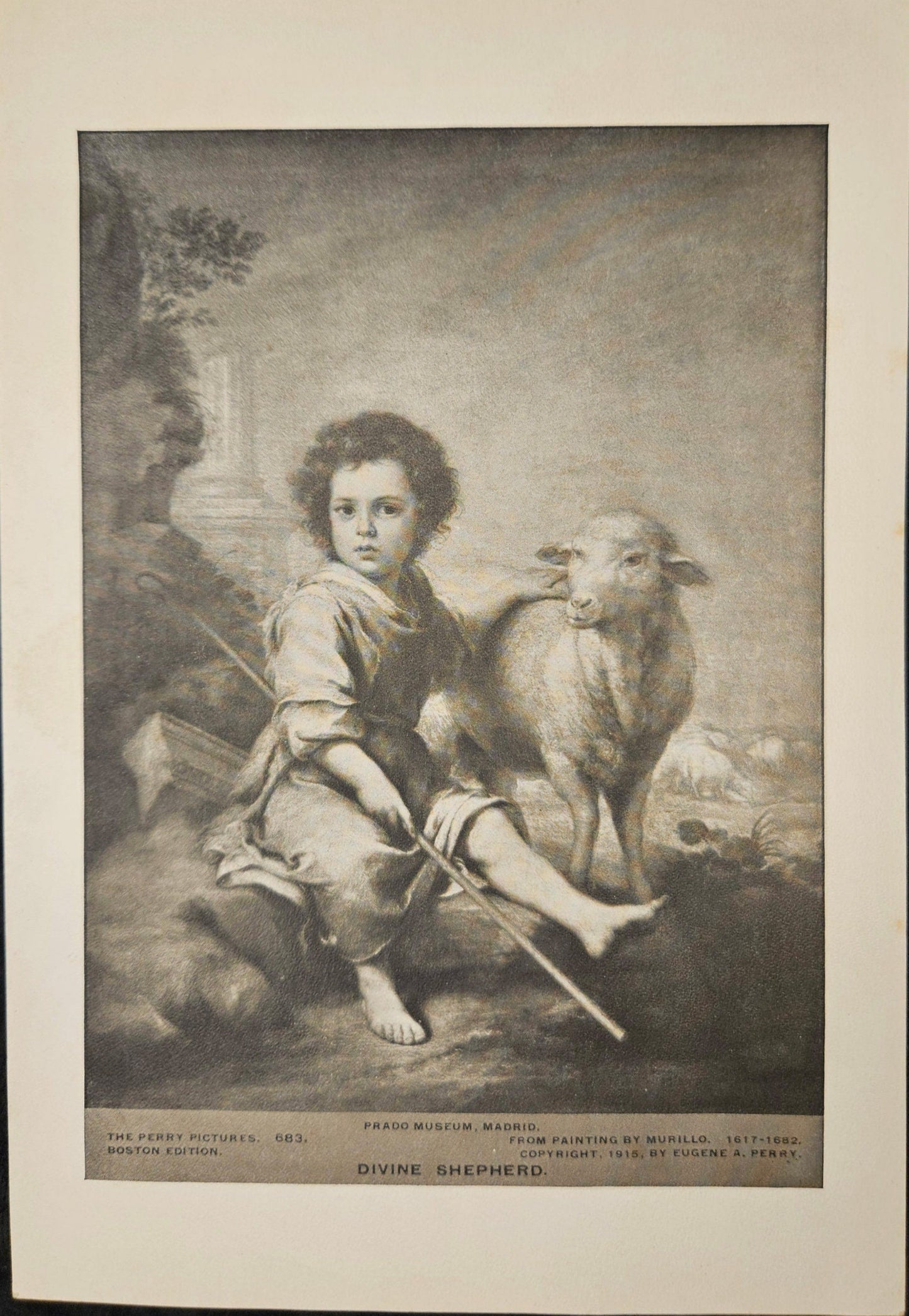 Print "Divine Shepherd" By Murillo(1617-1682) -Copyright 1915 Eugene A. Perry- Prado Museum Spain - Boy Shepherd with Sheep -8" x 5.5" Print