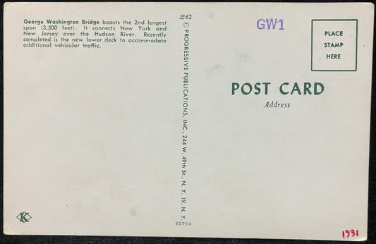 George Washington Bridge over Hudson River - New York City - Vintage Bridge Postcard