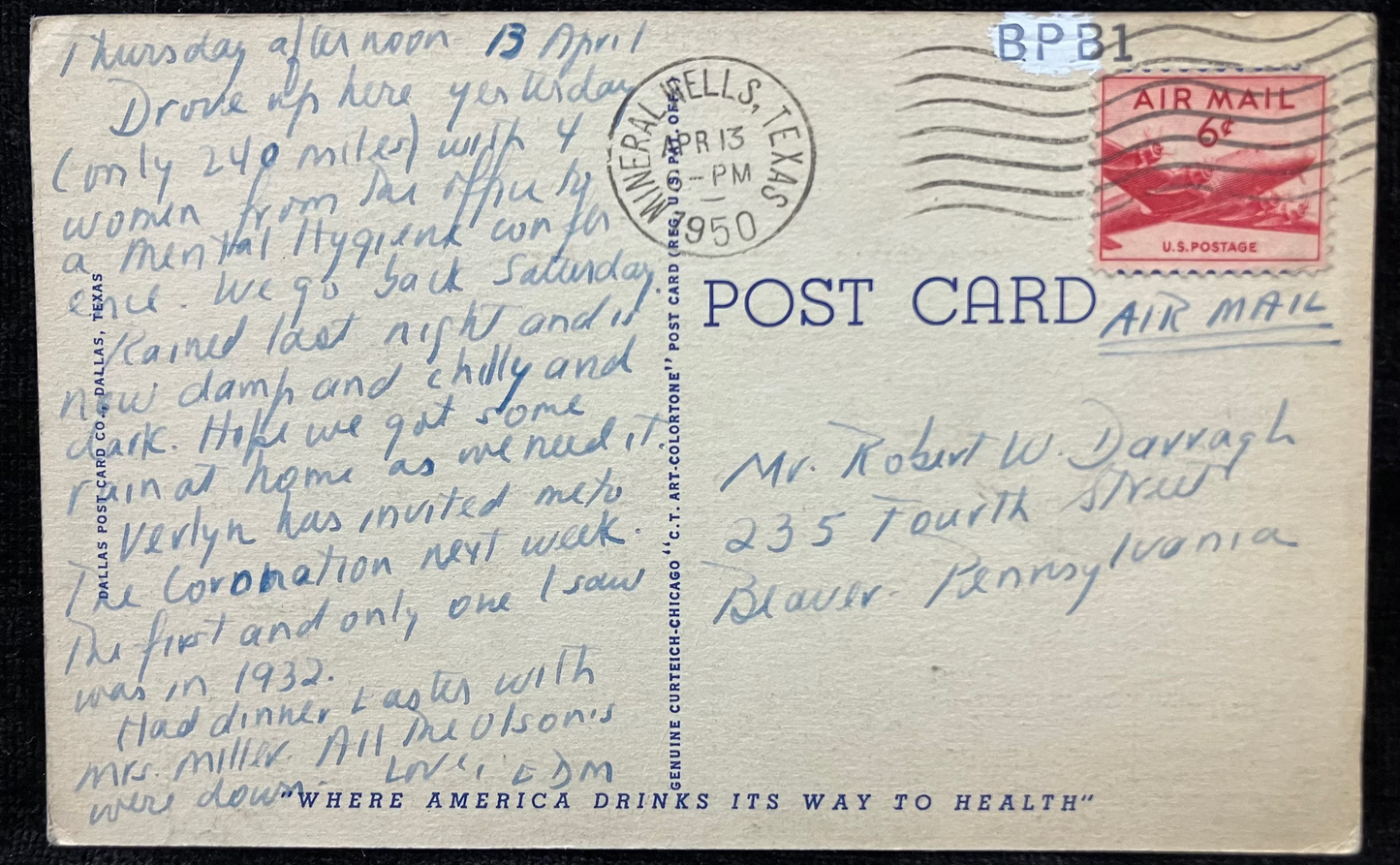 Bridle Path Bridge in State Park, Mineral Wells, Texas - Red Six Cent Air Mail Stamp - Vintage Bridge Postcard