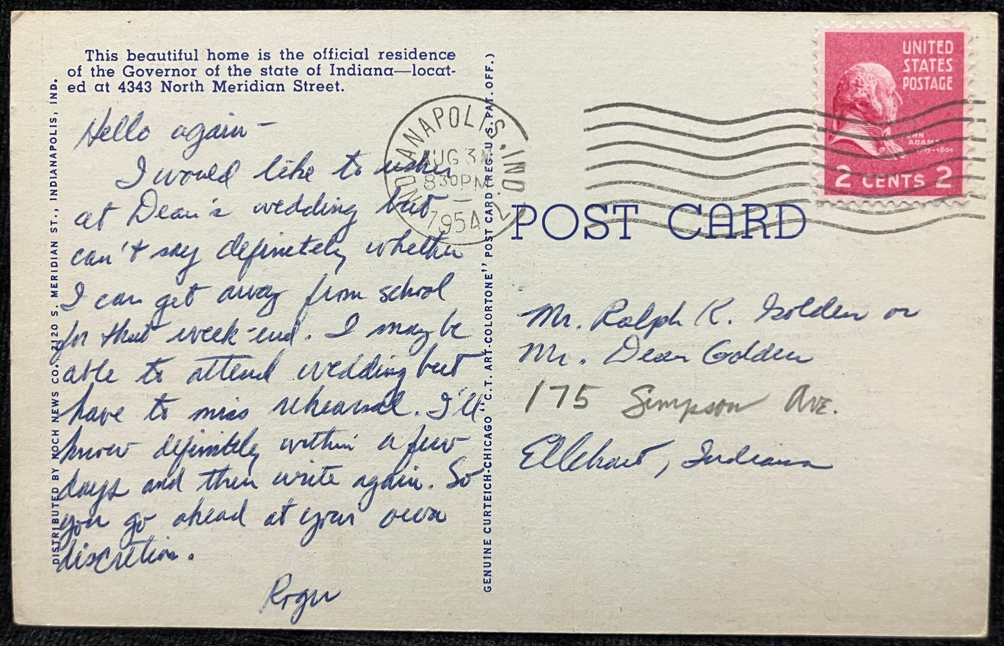 Governor’s Mansion, Indianapolis, Indiana - Indiana State Flag - Vintage Postcard