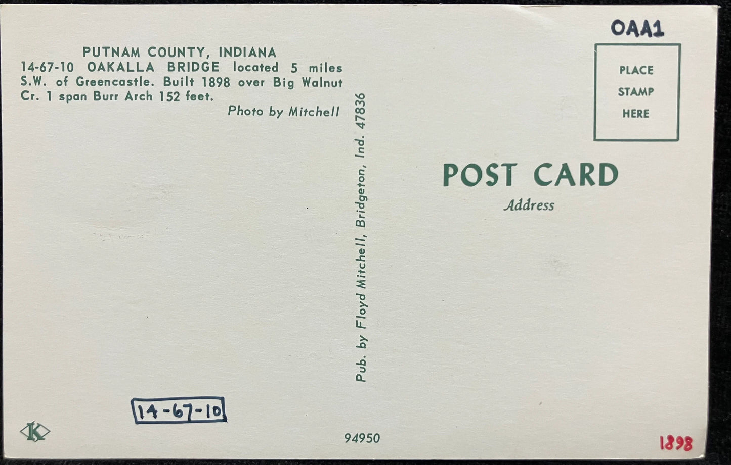 Oakalla Bridge Putnam County, Indiana - Photo: Mitchell - Vintage Covered Bridge Postcard