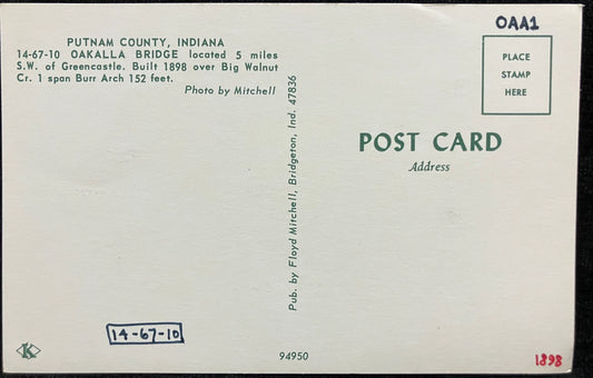 Oakalla Bridge Putnam County, Indiana - Photo: Mitchell - Vintage Covered Bridge Postcard