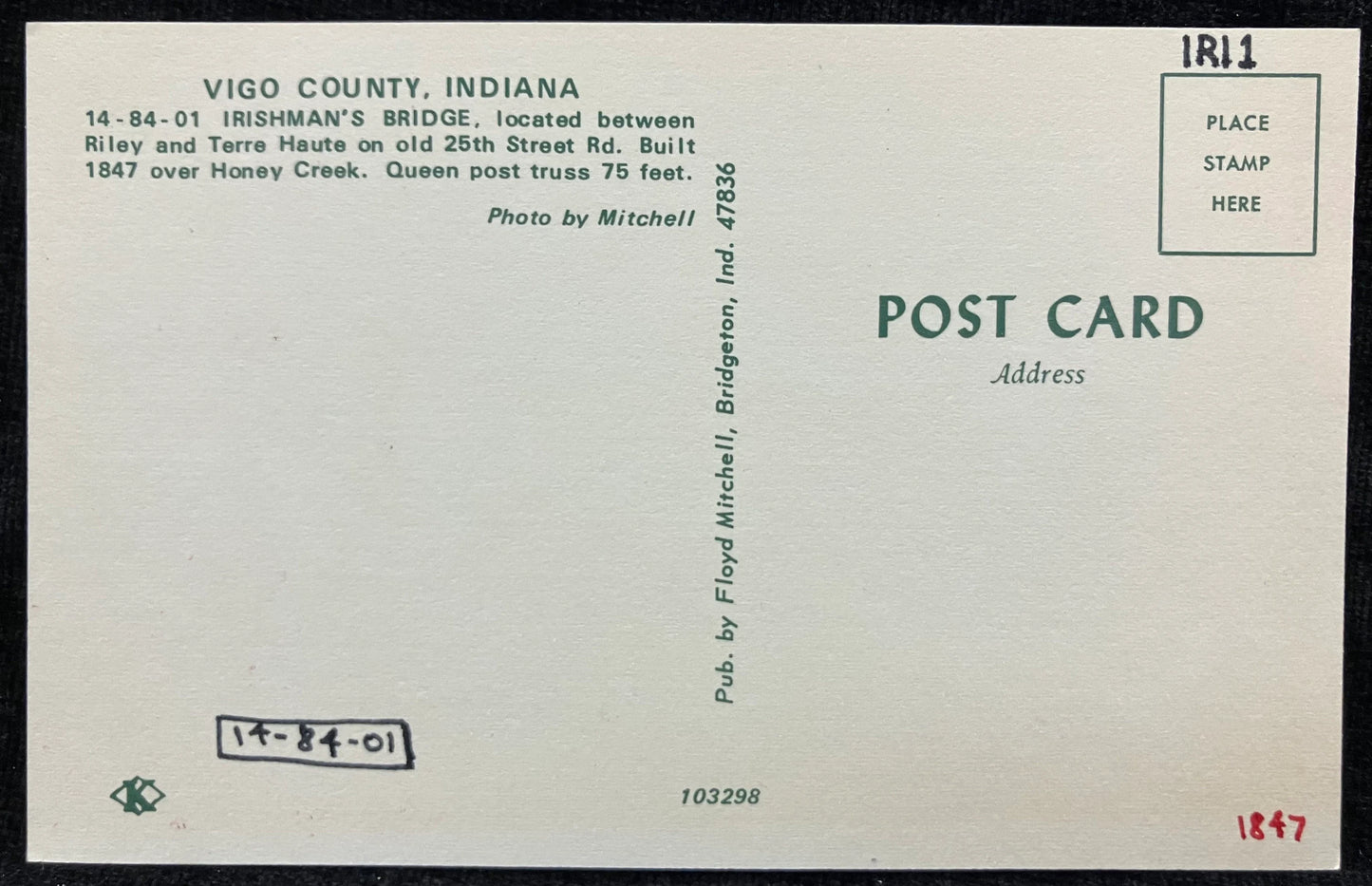 Irishman’s Bridge Vigo County, Indiana - Photo: Mitchell - Vintage Covered Bridge Postcard