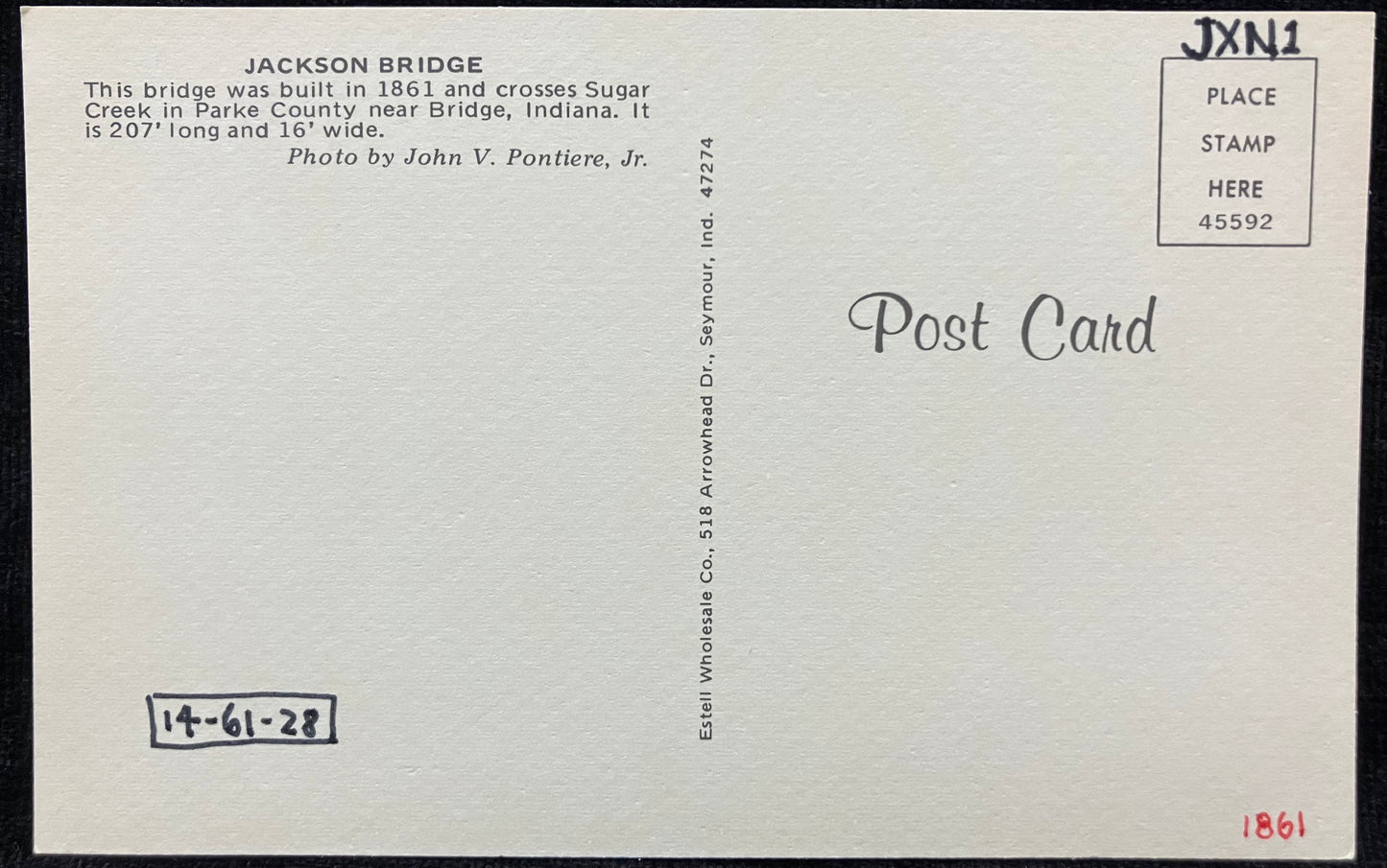 Jackson Bridge Parke County, Indiana - Beard Bridge - Photo: John V. Pontiere, Jr. - Vintage Covered Bridge Postcard