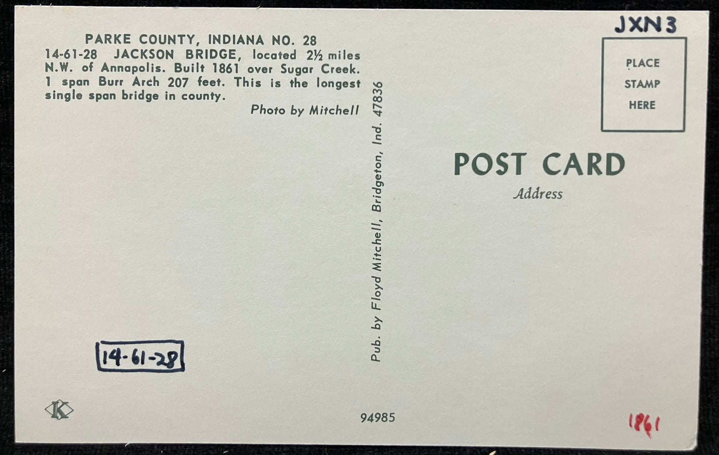 Jackson Bridge - Parke County, Indiana - Photo: Mitchell - Vintage Covered Bridge Postcard