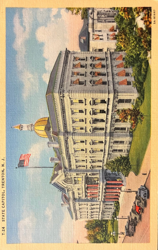 State Capitol, Trenton, New Jersey - Vintage Capitol Postcard - 1930s automobiles in front of the Ca