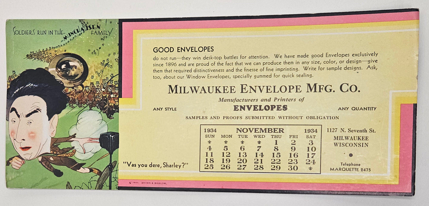 Milwaukee Envelope MFG Co. - November 1934 Calendar - Trade Card Advertisement -Caricature Munchausen - Soldiers run in the Family