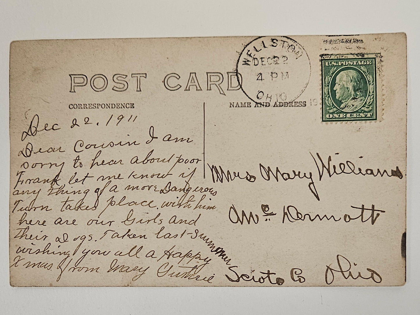 RPPC - 1911 Ohio - Two Young Sisters Playing With New Puppies In the Yard - Farm Life 1911 - Very Early Christmas Photo Card