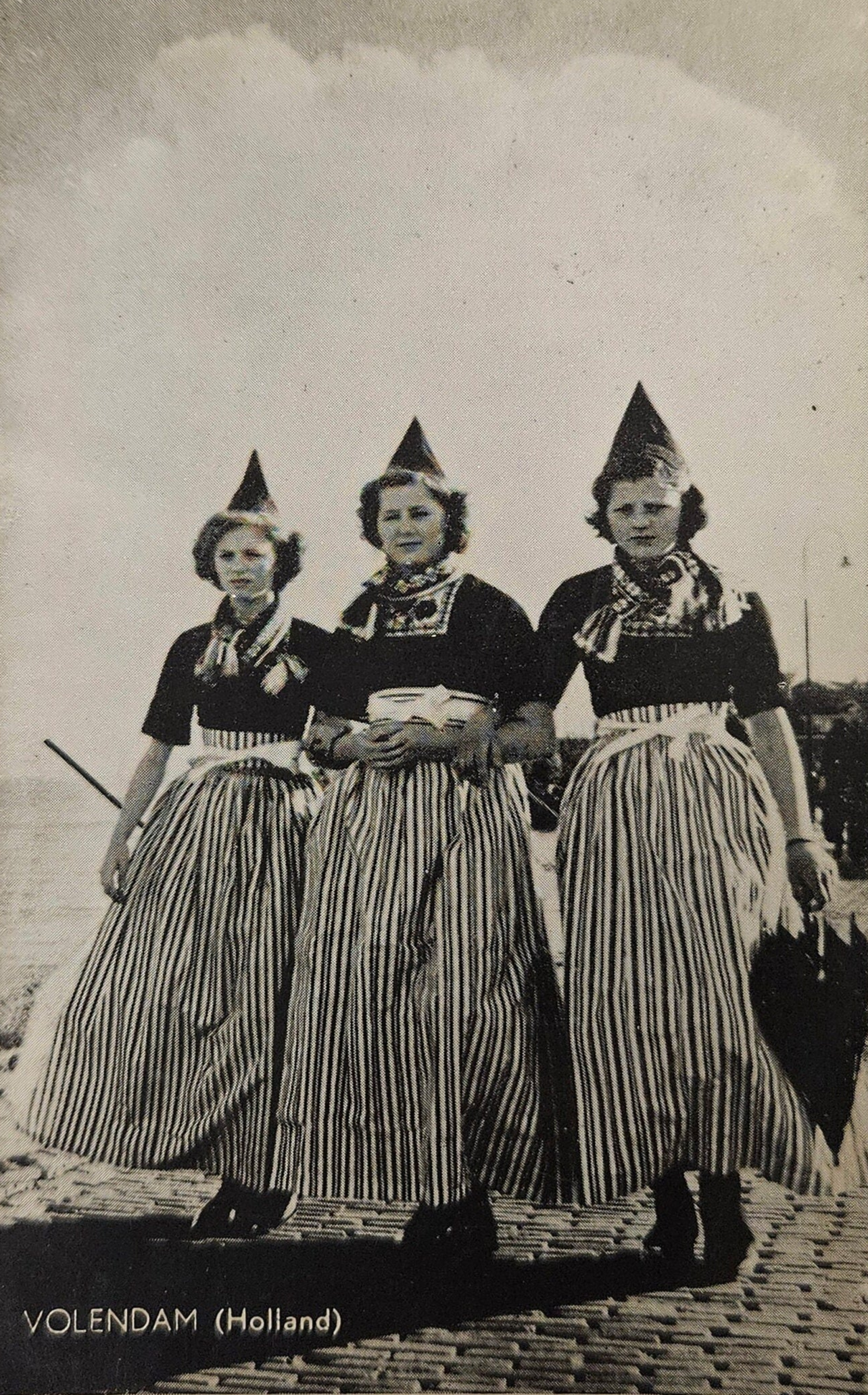 RPPC - 1960s Volendam Holland Postcard - Three Women In Cultural Folk Costume On Pier- Three Smiling Dutch women in Traditional Outfits