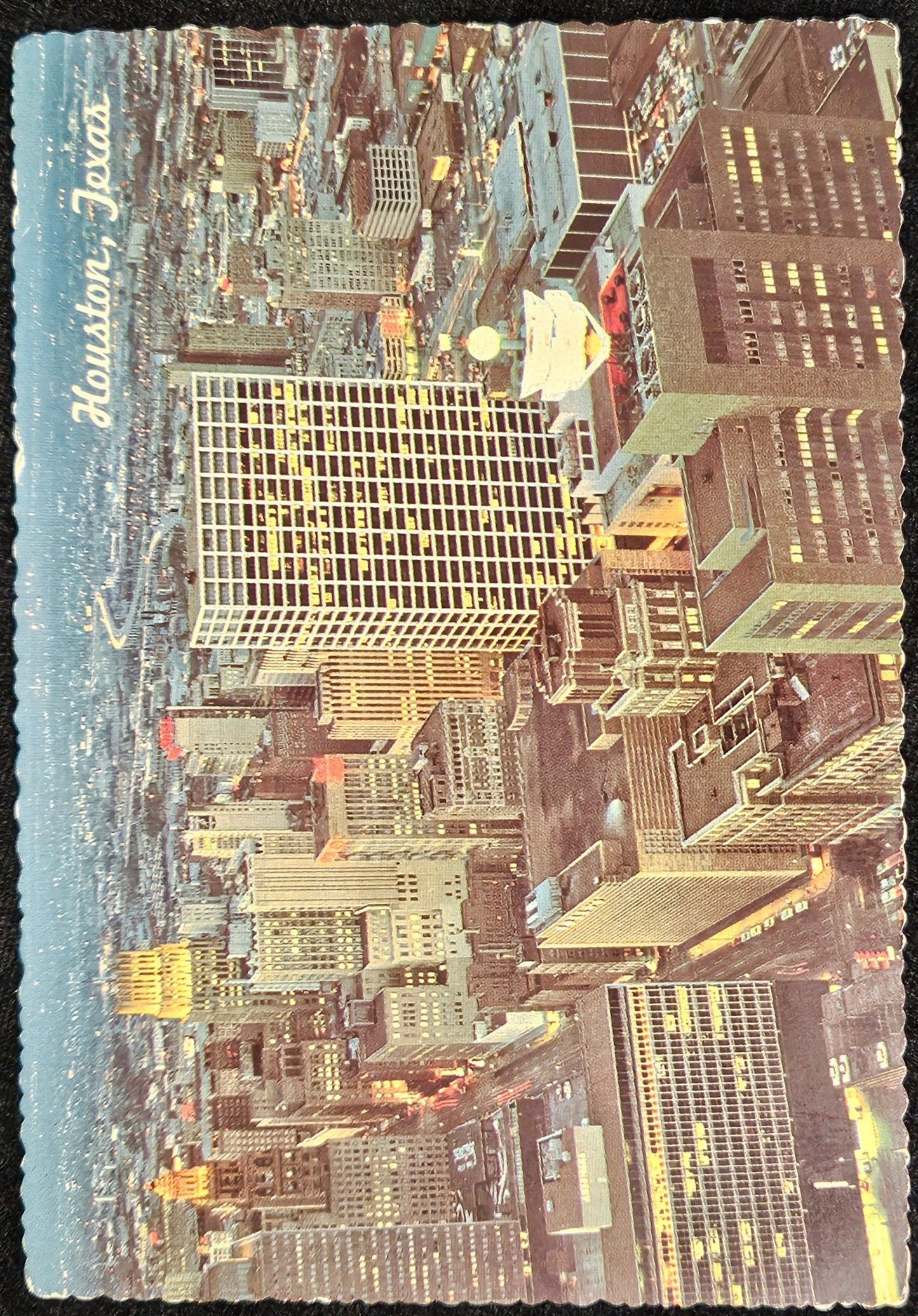 Houston Texas Skyline At Night - 1970s Aerial Color Photo Postcard