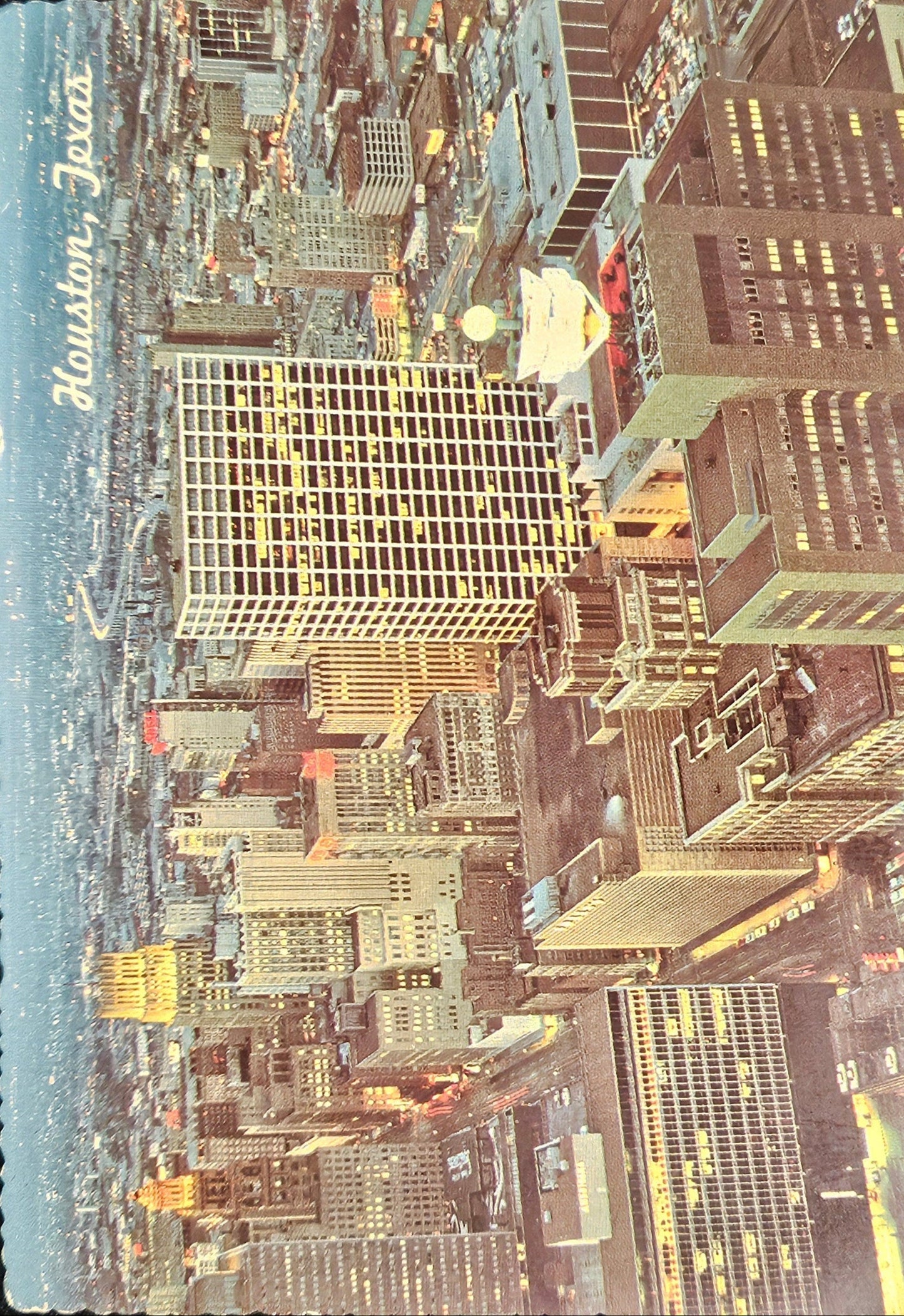 Houston Texas Skyline At Night - 1970s Aerial Color Photo Postcard